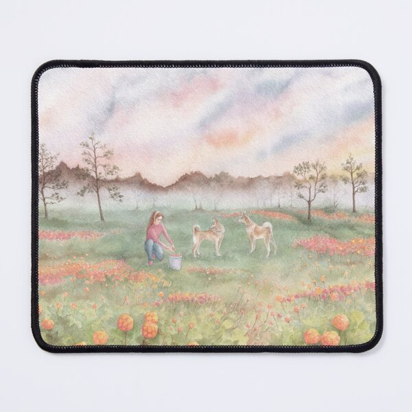 Item preview, Young woman pick cloudberries in a forest swamp designed and sold by IrinaIkar.