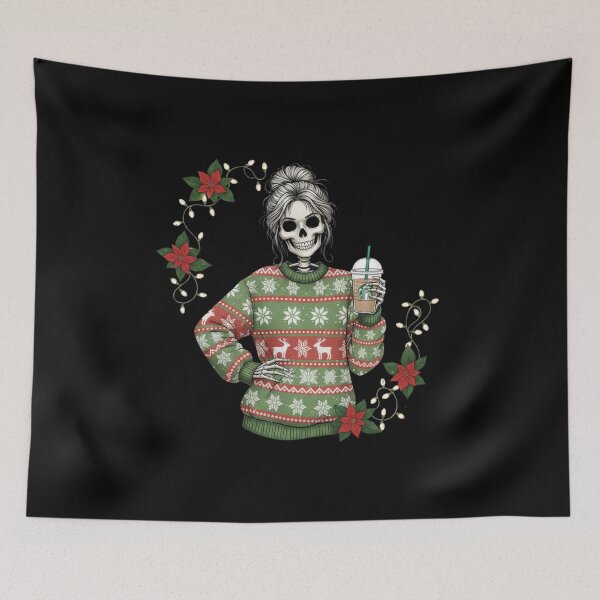 Item preview, Fashionable Skeleton Woman with Iced Coffee | Trendy Gothic Christmas Art designed and sold by ColorSplash123.