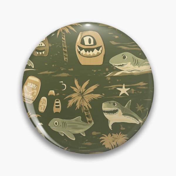Artikelvorschau, Sharks, Tiki Masks and Sailboats in Olive Green & Gold – Toothy entworfen und verkauft von The Print Parlor.
