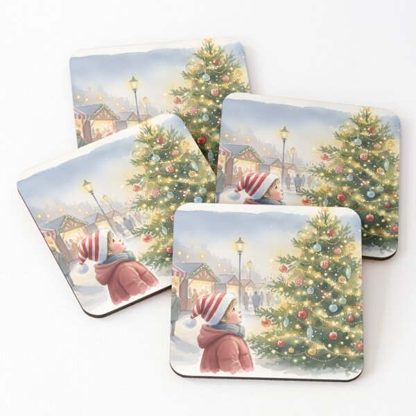 Item preview, Watercolor illustration of a child looking up at a decorated Christmas tree designed and sold by homydesign.