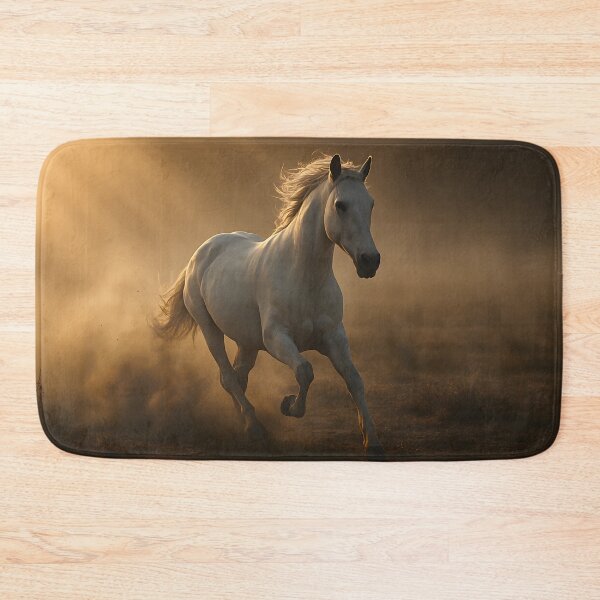 Item preview, A powerful white horse gallops through a dusty field at sunset, its mane flowing as golden light illuminates the scene designed and sold by homydesign.