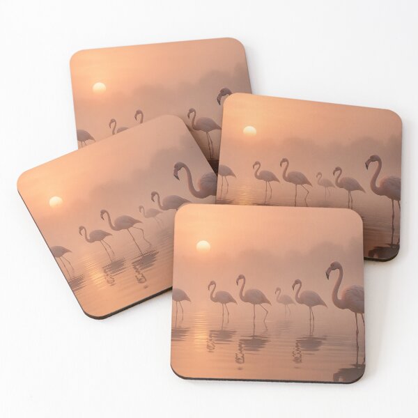 Item preview, A tranquil sunrise scene with a flock of elegant flamingos wading in misty waters, their reflections shimmering softly designed and sold by homydesign.