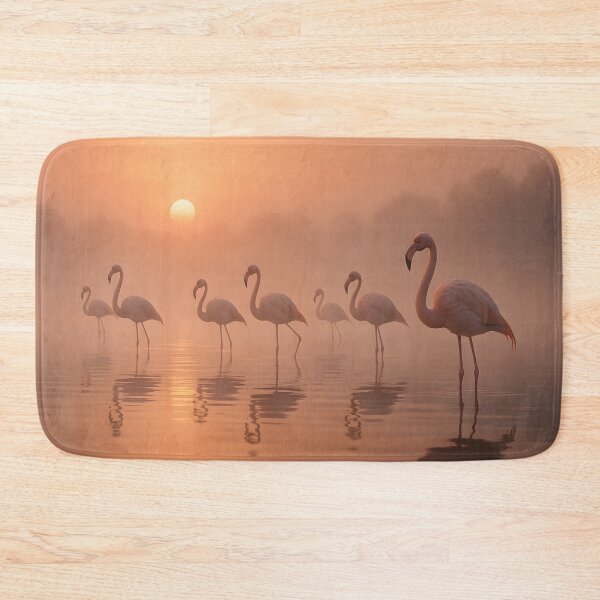 Item preview, A tranquil sunrise scene with a flock of elegant flamingos wading in misty waters, their reflections shimmering softly designed and sold by homydesign.