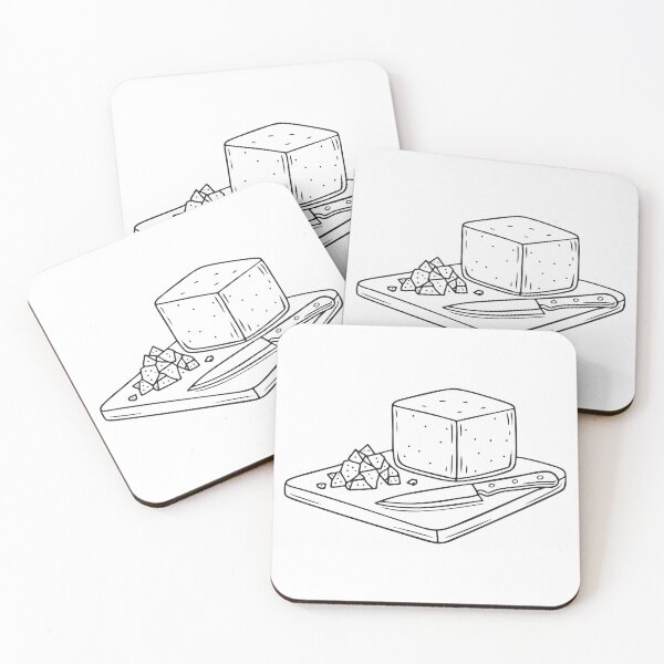 Item preview, A tofu block beside a knife and tofu crumbs on cutting board designed and sold by rasagamastore.