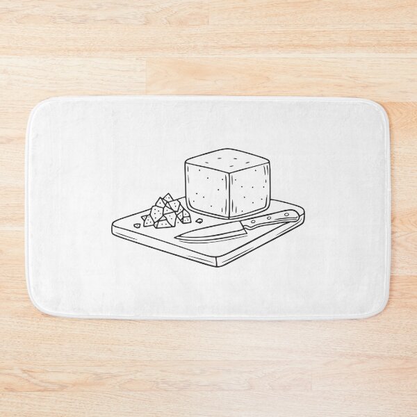 Item preview, A tofu block beside a knife and tofu crumbs on cutting board designed and sold by rasagamastore.