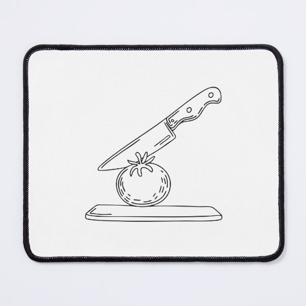Item preview, A tomato placed beside a kitchen knife on a board designed and sold by rasagamastore.