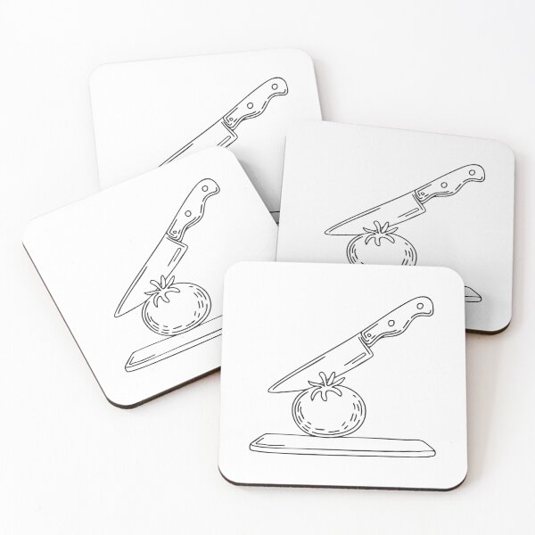 Item preview, A tomato placed beside a kitchen knife on a board designed and sold by rasagamastore.