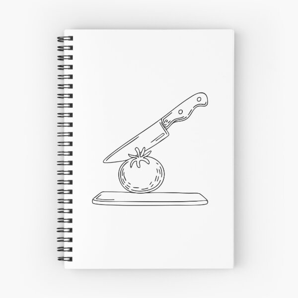Item preview, A tomato placed beside a kitchen knife on a board designed and sold by rasagamastore.