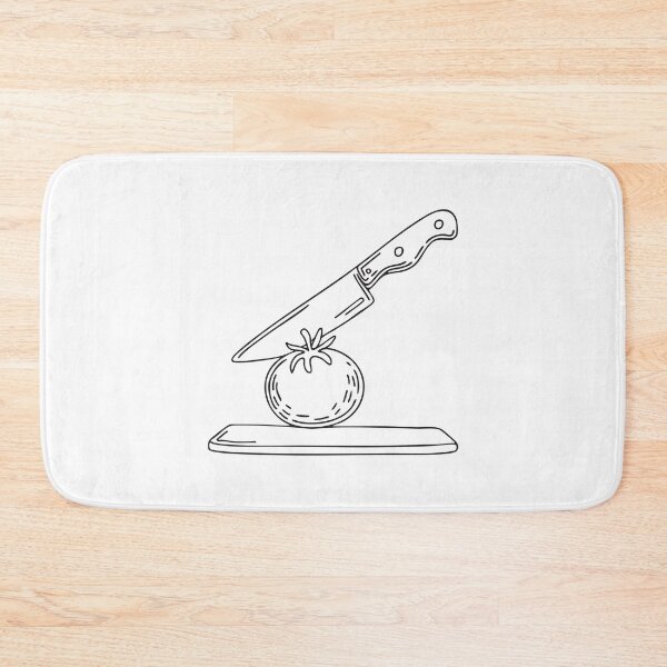Item preview, A tomato placed beside a kitchen knife on a board designed and sold by rasagamastore.