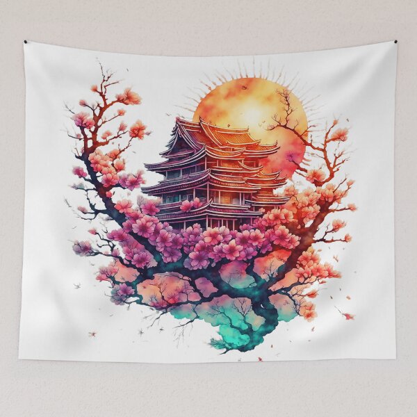Item preview, Cherry Blossoms and Pagoda at Sunset designed and sold by Lili-Raes' Shoppe.