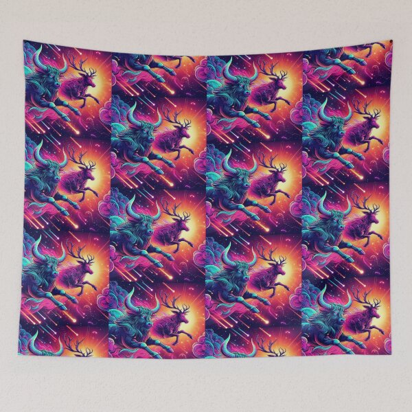 Item preview, "Cosmic Leap: Surreal Bull and Stag in a Dreamlike Sky" designed and sold by Dogandesighn.