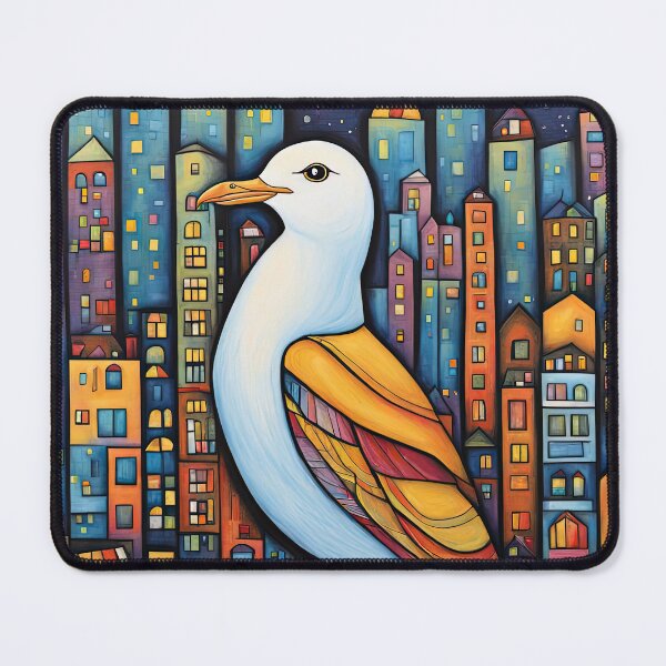 Item preview, Folk Art Seagull wearing a hoodie in a big city back alley designed and sold by Colin Bentham.