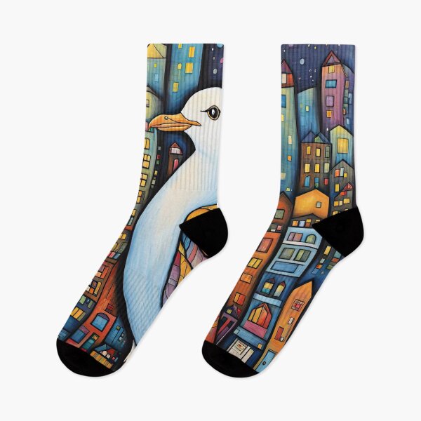 Item preview, Folk Art Seagull wearing a hoodie in a big city back alley designed and sold by Colin Bentham.
