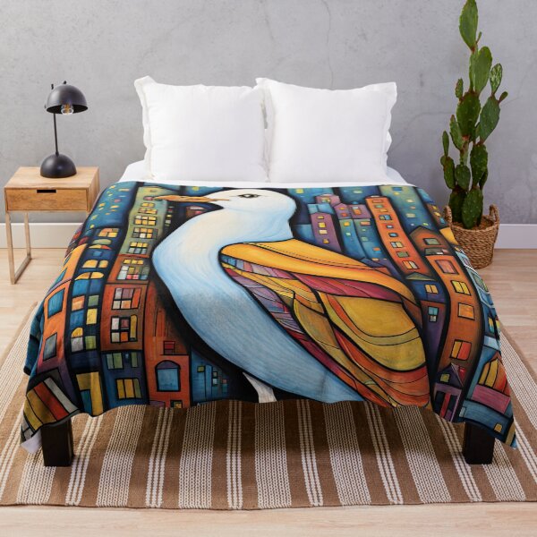Item preview, Folk Art Seagull wearing a hoodie in a big city back alley designed and sold by Colin Bentham.
