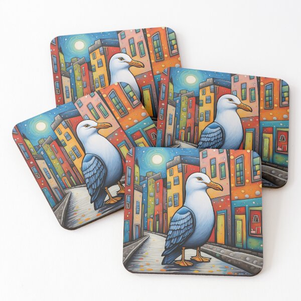 Item preview, Folk Art Seagull wearing a hoodie in a big city back alley designed and sold by Colin Bentham.