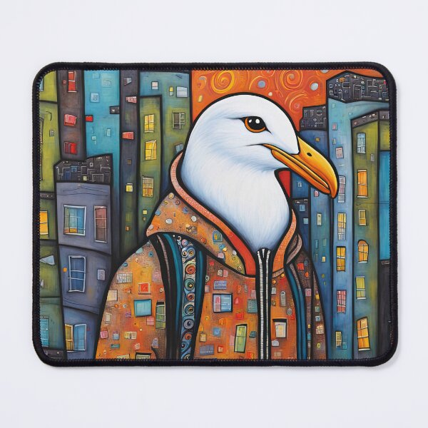 Item preview, Folk Art Seagull wearing a hoodie in a big city back alley designed and sold by Colin Bentham.