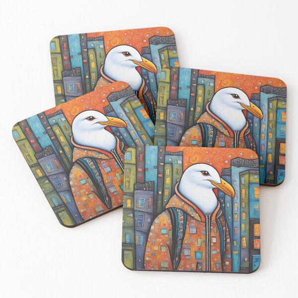 Item preview, Folk Art Seagull wearing a hoodie in a big city back alley designed and sold by Colin Bentham.