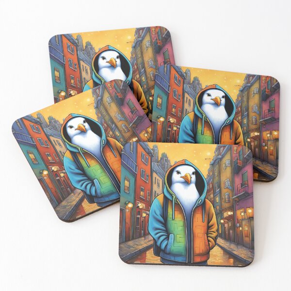 Item preview, Folk Art Seagull wearing a hoodie in a big city back alley designed and sold by Colin Bentham.