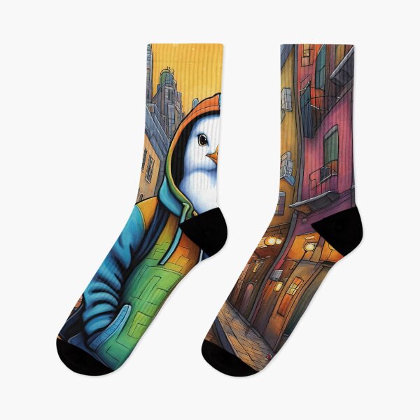 Item preview, Folk Art Seagull wearing a hoodie in a big city back alley designed and sold by Colin Bentham.
