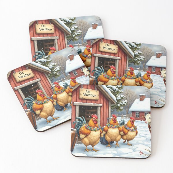 Item preview, Winter Farm Scene of Chickens Going on Vacation designed and sold by Debbie Schulte.
