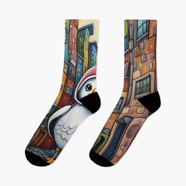 Item preview, Folk Art Seagull wearing a hoodie in a big city back alley designed and sold by Colin Bentham.
