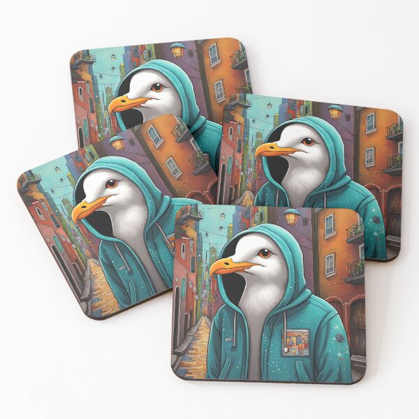 Item preview, Folk Art Seagull wearing a hoodie in a big city back alley designed and sold by Colin Bentham.