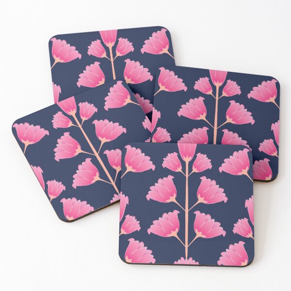 Item preview, Pink peony flower pattern, art nouveau style, navy blue background designed and sold by WONDERPRINTVALLEY.