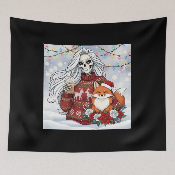 Item preview, Festive Skeleton with Fox | Cute Gothic Christmas Coffee Art designed and sold by ColorSplash123.