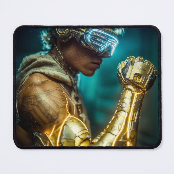 Item preview, Cybernetic Resolve – Futuristic Golden Cyborg Warrior Portrait designed and sold by VisionaryVeils.