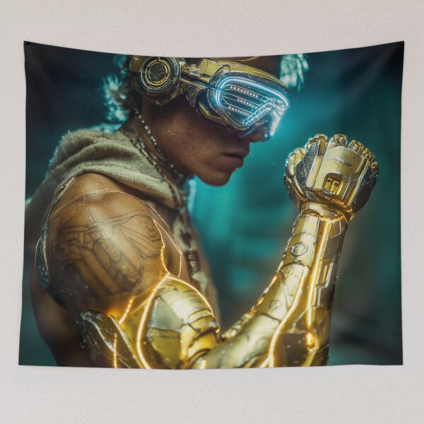 Item preview, Cybernetic Resolve – Futuristic Golden Cyborg Warrior Portrait designed and sold by VisionaryVeils.
