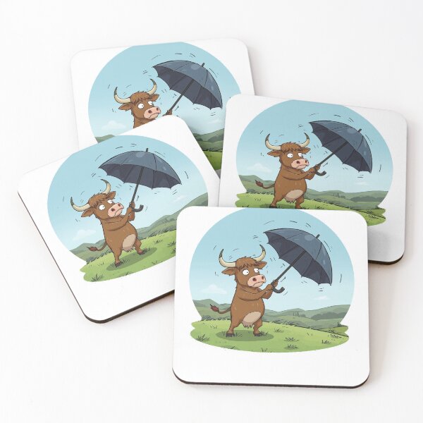 Item preview, Highland Cow with Umbrella on a windy day - Funny Scottish Gift  designed and sold by Loom on the Loch.