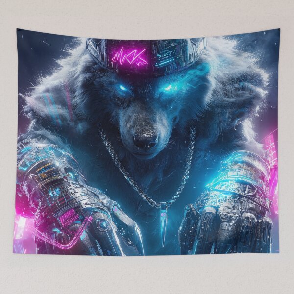 Item preview, The Neon Alpha – Cyberpunk Wolf Overlord designed and sold by VisionaryVeils.
