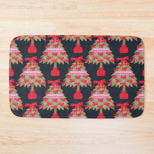 Item preview, Fun Christmas game pattern featuring the Three Wise Men and Santa Claus, coordinated with a Christmas tree with bows. Dark black background. designed and sold by WONDERPRINTVALLEY.