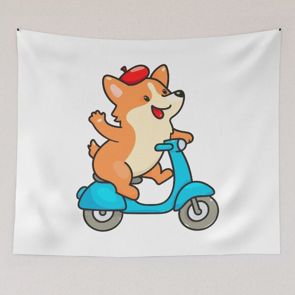 Artikelvorschau, Ein niedlicher Cartoon-Corgi fährt auf einem blauen Vespa-Roller entworfen und verkauft von babanovaesha.