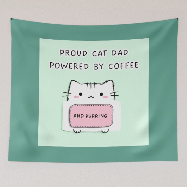 Item preview, Proud cat dad powered by coffee and purring, simple mint cartoon style artwork designed and sold by silent-violin.
