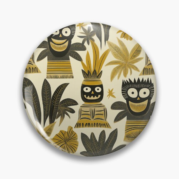 Artikelvorschau, Tropical Foliage with Tribal Tiki Figures in Green Gold and Black on Cream – Palm & Idol entworfen und verkauft von The Print Parlor.