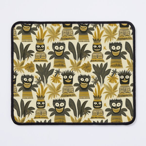 Artikelvorschau, Tropical Foliage with Tribal Tiki Figures in Green Gold and Black on Cream – Palm & Idol entworfen und verkauft von The Print Parlor.
