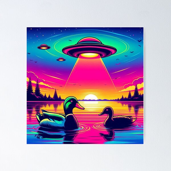 Item preview, "Sunset Visitors: Ducks, UFOs, and Cosmic Reflections" designed and sold by Dogandesighn.