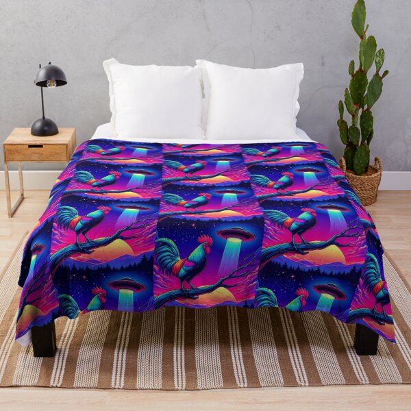 Item preview, "Neon Rooster & UFO Encounter – Psychedelic Cosmic Scene" designed and sold by Dogandesighn.