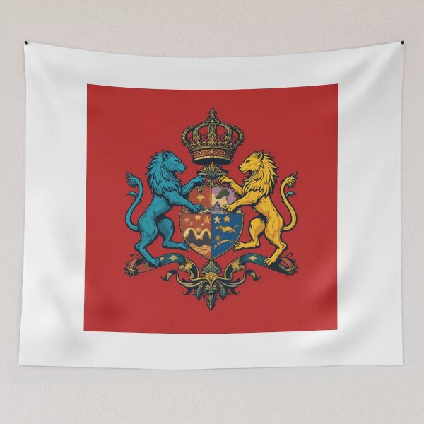 Item preview, Royal Emblem with two Lions blue and yellow in Red Background designed and sold by Horse Designs .