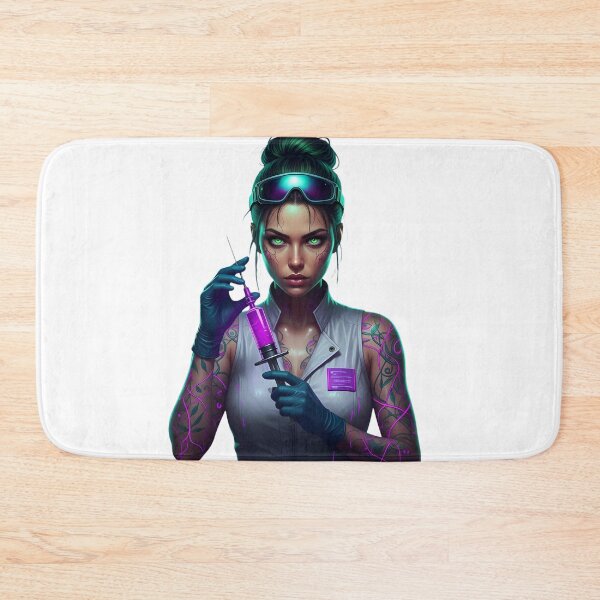 Item preview, Cyberpunk Nurse: Neon-Tattooed Medic with Purple Syringe & Goggles designed and sold by Scorpio Art.