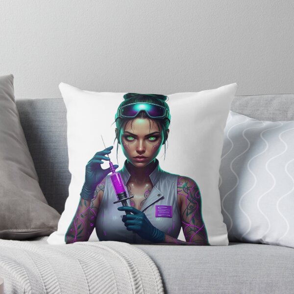 Item preview, Cyberpunk Nurse: Neon-Tattooed Medic with Purple Syringe & Goggles designed and sold by Scorpio Art.