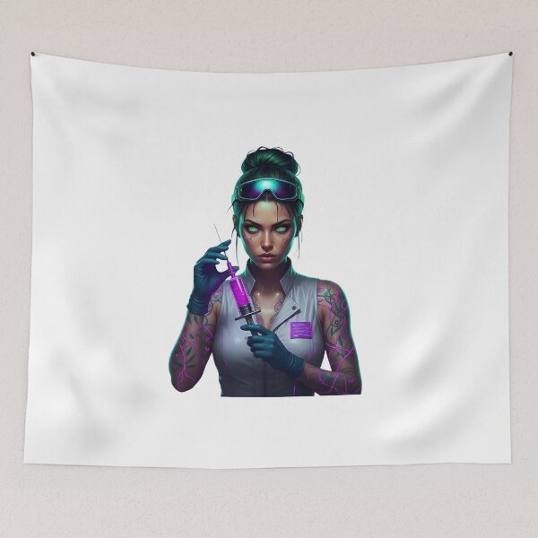 Item preview, Cyberpunk Nurse: Neon-Tattooed Medic with Purple Syringe & Goggles designed and sold by Scorpio Art.