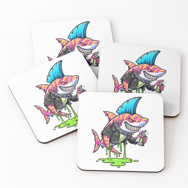 Item preview, Punk Shark Graffiti: Neon Mohawk Shark with Spray Paint & Studded Jacket designed and sold by Scorpio Art.