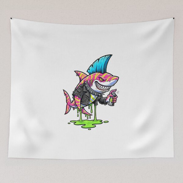 Item preview, Punk Shark Graffiti: Neon Mohawk Shark with Spray Paint & Studded Jacket designed and sold by Scorpio Art.