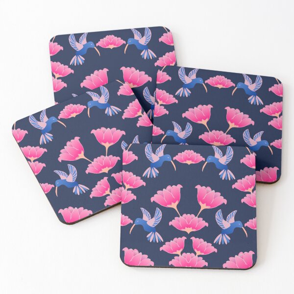 Item preview, Hummingbird and peony flower pattern, art nouveau, navy blue background designed and sold by WONDERPRINTVALLEY.