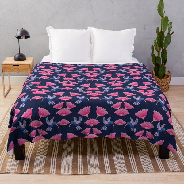 Item preview, Hummingbird and peony flower pattern, art nouveau, navy blue background designed and sold by WONDERPRINTVALLEY.