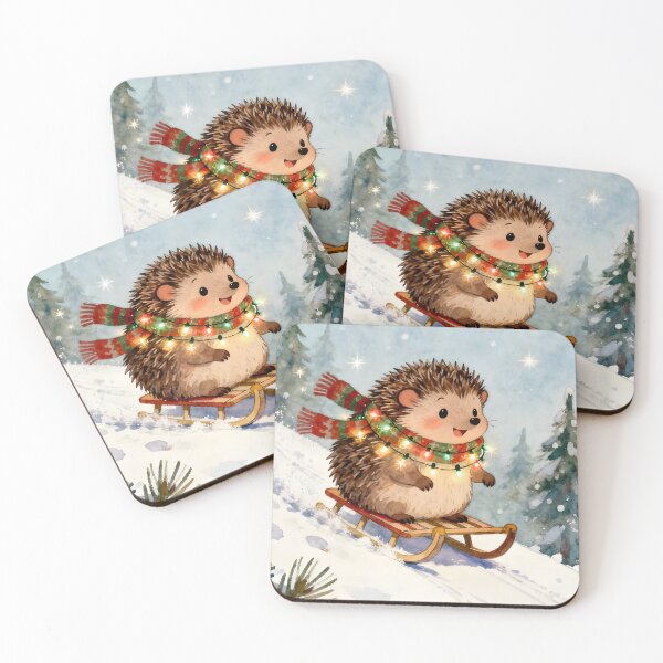 Item preview, Sledgehog – Joyful Watercolor Hedgehog Sledding with Xmas Scarf and Lights designed and sold by EmeraldeaArt.