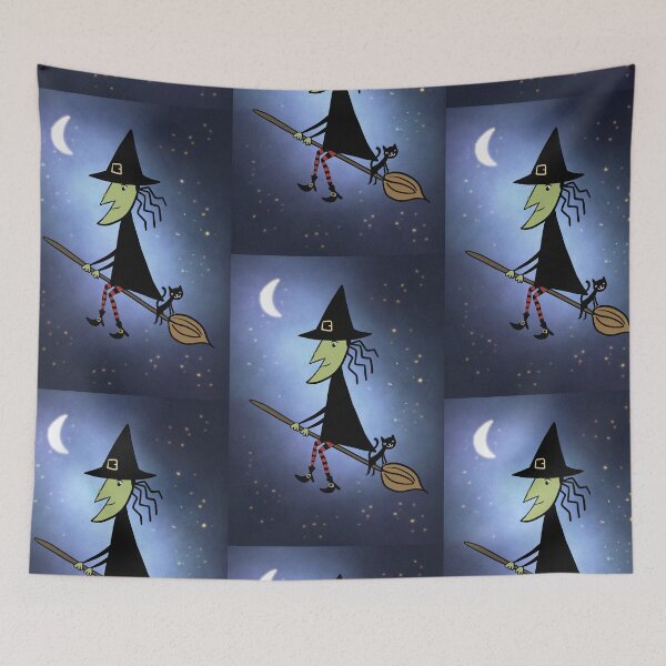 Item preview, Halloween Witch on her broomstick hand drawn art illustration designed and sold by Vintage Designs +.