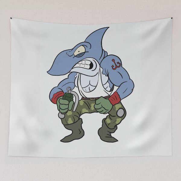 Item preview, War Shark angry military fish boy illustration cartoon designed and sold by Vintage Designs +.